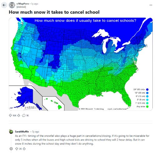 How much snow is needed to cancel school infographic showing snowfall ranges